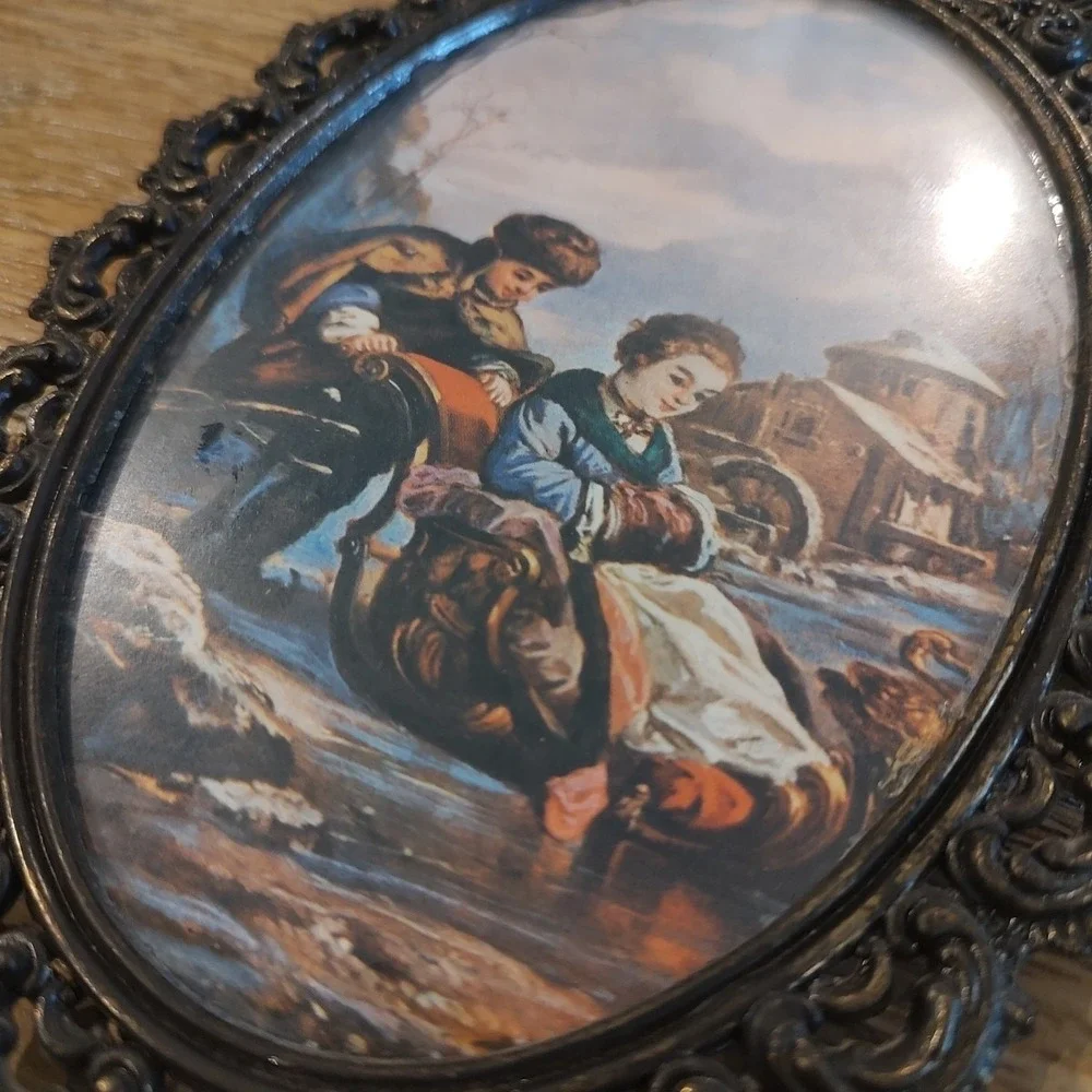 Vintage Action Brass Antique Photo Italy Metal Scroll Cottage Core Boy Girl Snow